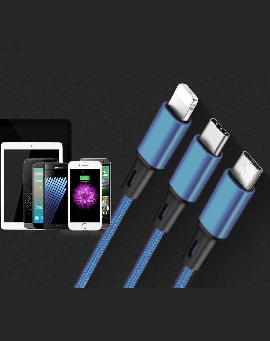 三合一充电线 苹果安卓type-c手机一拖三蓝色尼龙编织线 3合1 数据线